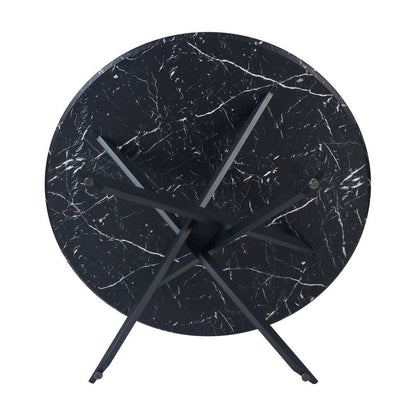 Stoten Round Dining Table Black Marble features a sleek round top with a marble finish and black powder-coated legs that cross and taper, creating a modern, sturdy design for four people.