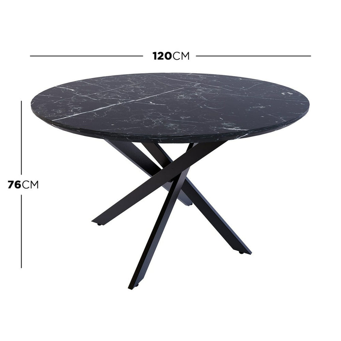 Stoten Round Dining Table Black Marble with a smooth, opulent marble top and black powder-coated metal legs that cross and taper for a modern, sturdy design, seating up to four.
