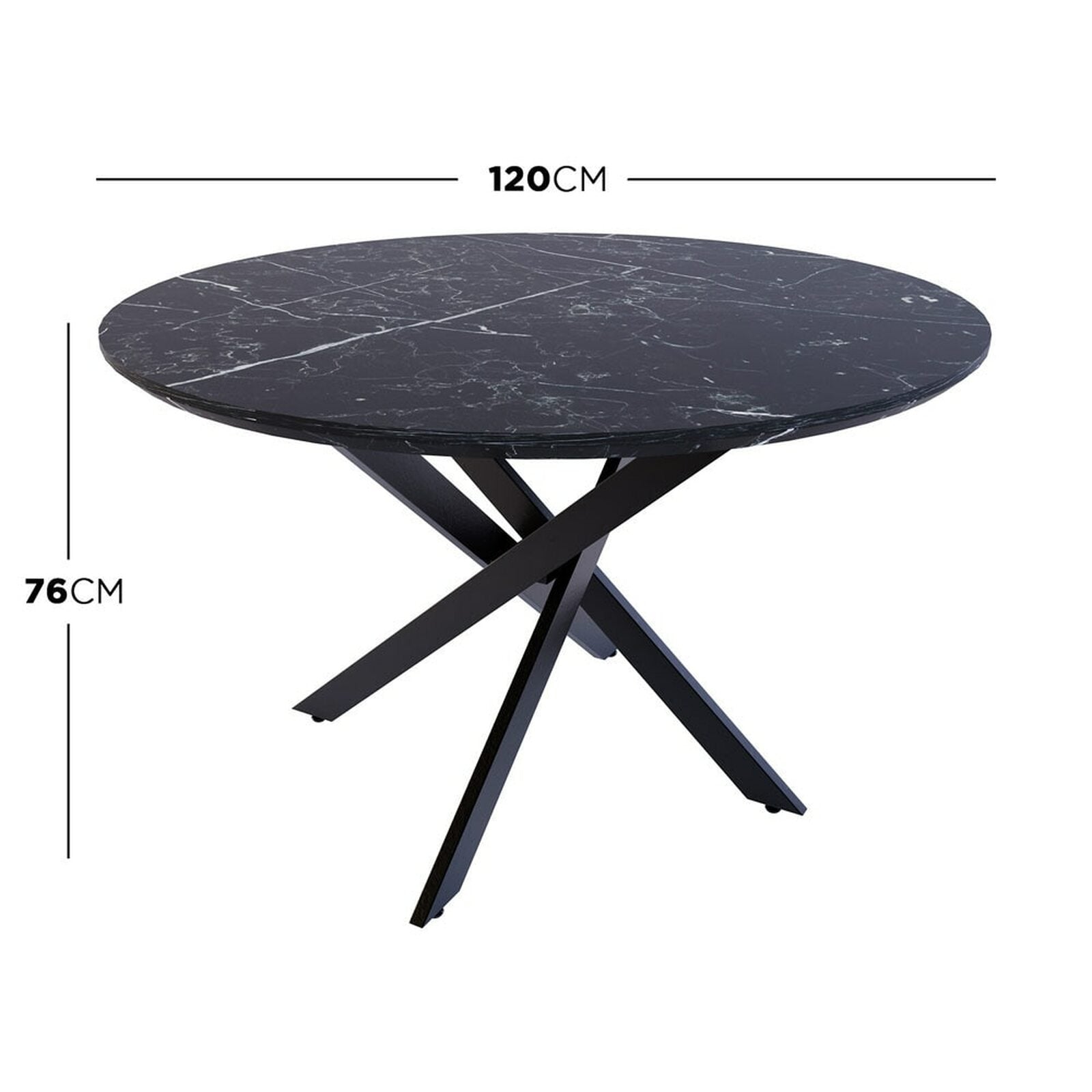 Stoten Round Dining Table Black Marble with a smooth, opulent marble top and black powder-coated metal legs that cross and taper for a modern, sturdy design, seating up to four.