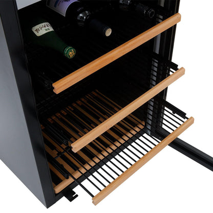 G180D 180 Bottle Dual Zone Wine Fridge in Black; interior view with three pull-out shelves, wooden trim, metal slats, two wine bottles visible, highlighting sleek storage for wine collectors.