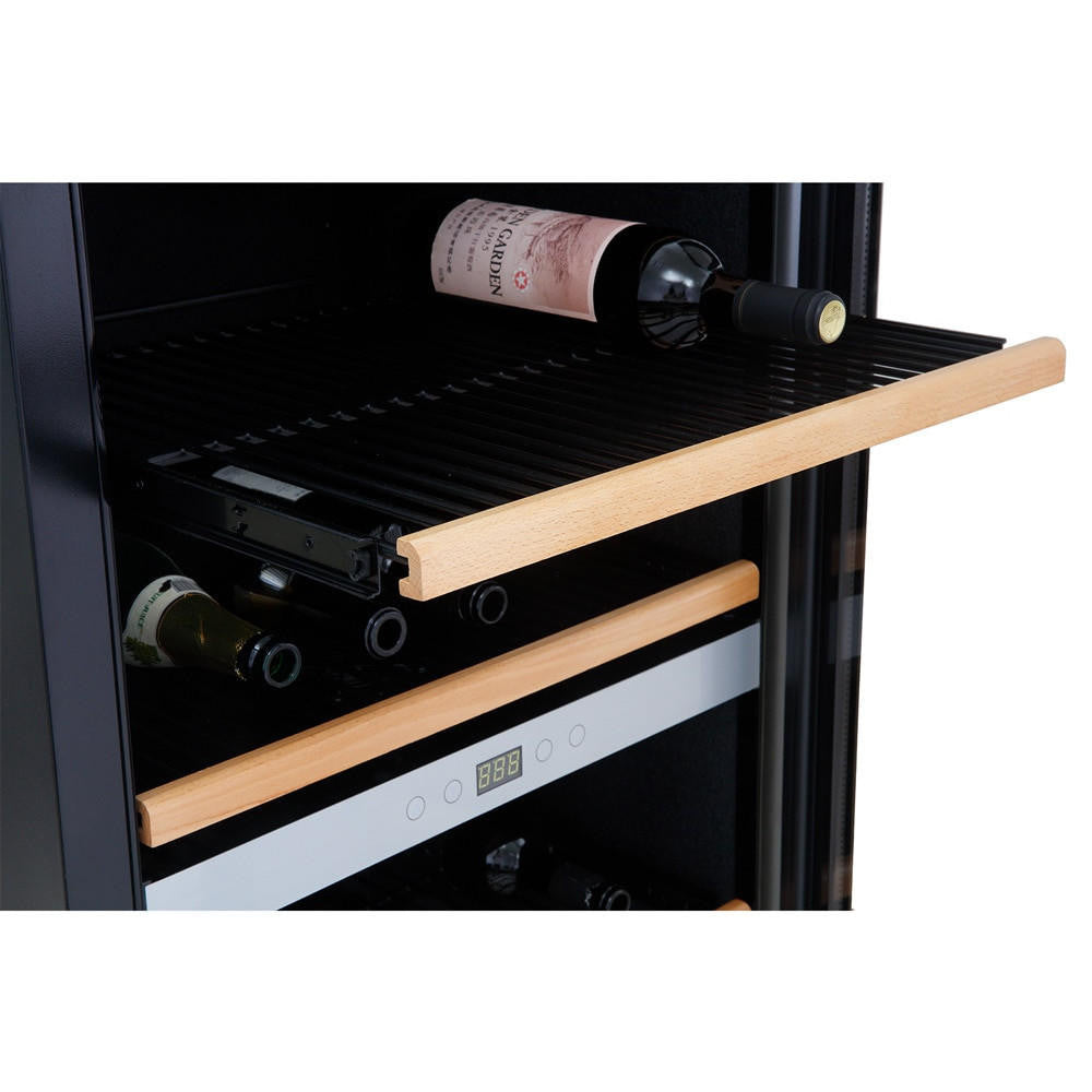 G180D 180 Bottle Dual Zone Wine Fridge in Black, featuring slatted wooden shelves with wine bottles, a digital temperature control display, and sleek interior design for optimal wine storage and presentation.