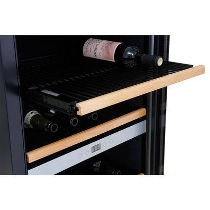 G180D 180 Bottle Dual Zone Wine Fridge in Black, featuring slatted wooden shelves with wine bottles, a digital temperature control display, and sleek interior design for optimal wine storage and presentation.
