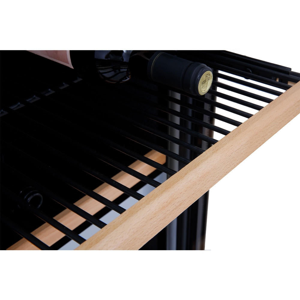 G180D 180 Bottle Dual Zone Wine Fridge in Black features a close-up of black metal rod wine rack within a light wood frame, showcasing a single wine bottle resting horizontally.