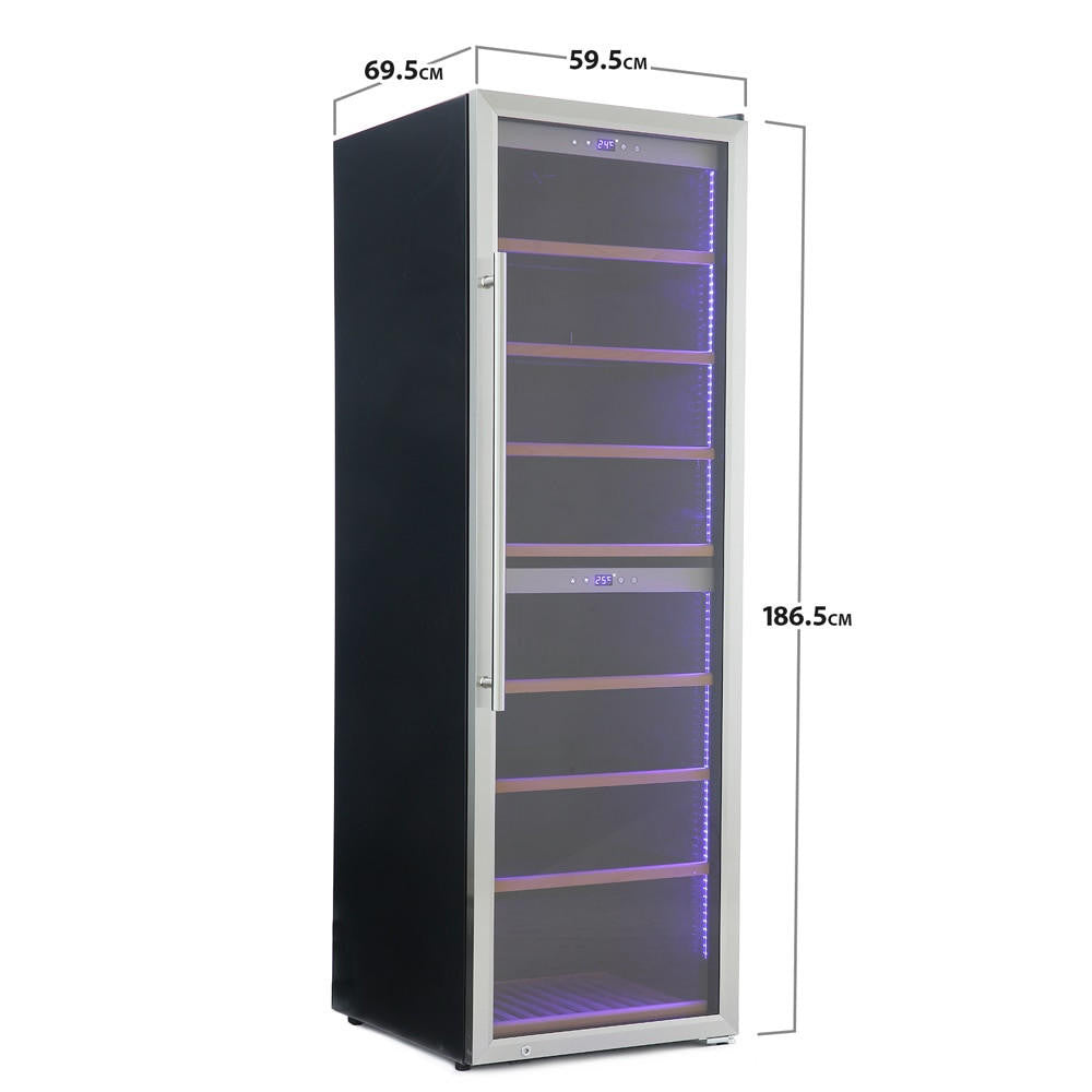 G180D 180 Bottle Dual Zone Wine Fridge in Black, featuring a stainless steel-framed glass door, purple/blue LED-lit wooden shelves, dual digital displays, and a vertical handle for sleek, modern wine storage.