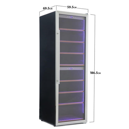 G180D 180 Bottle Dual Zone Wine Fridge in Black, featuring a stainless steel-framed glass door, purple/blue LED-lit wooden shelves, dual digital displays, and a vertical handle for sleek, modern wine storage.