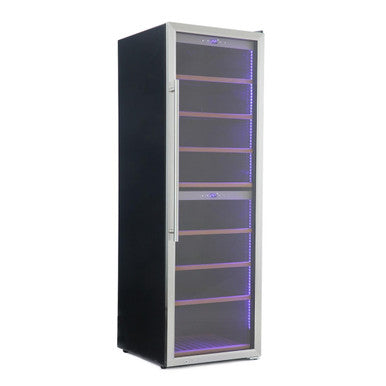 G180D 180 Bottle Dual Zone Wine Fridge in Black; a tall, sleek enclosure with a glass door, internal shelves, and ambient blue LED lighting on one side.