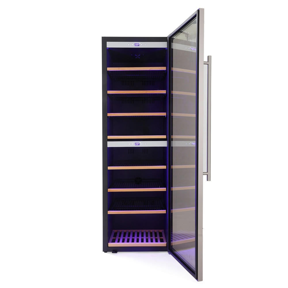 G180D 180 Bottle Dual Zone Wine Fridge in Black with glass front, empty wooden shelves, dual temperature display, and ambient interior LED lighting, ideal for showcasing and storing wine collections.