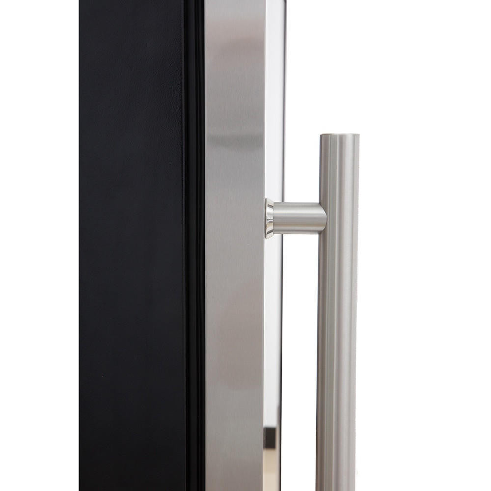 Close-up of the G180D 180 Bottle Dual Zone Wine Fridge in Black, highlighting its modern stainless-steel T-bar handle on the edge of a sleek metal door frame.