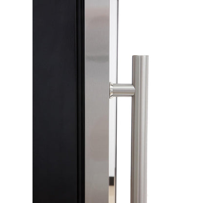 Close-up of the G180D 180 Bottle Dual Zone Wine Fridge in Black, highlighting its modern stainless-steel T-bar handle on the edge of a sleek metal door frame.
