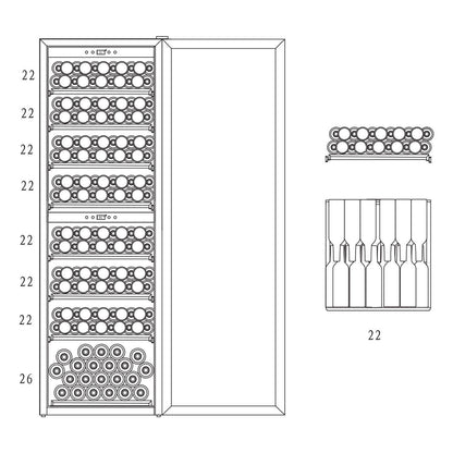 G180D 180 Bottle Dual Zone Wine Fridge in Black, featuring eight pull-out shelves for horizontal bottle storage, a bottom compartment, and detailed shelf views showing bottle arrangement. Ideal for wine collectors.