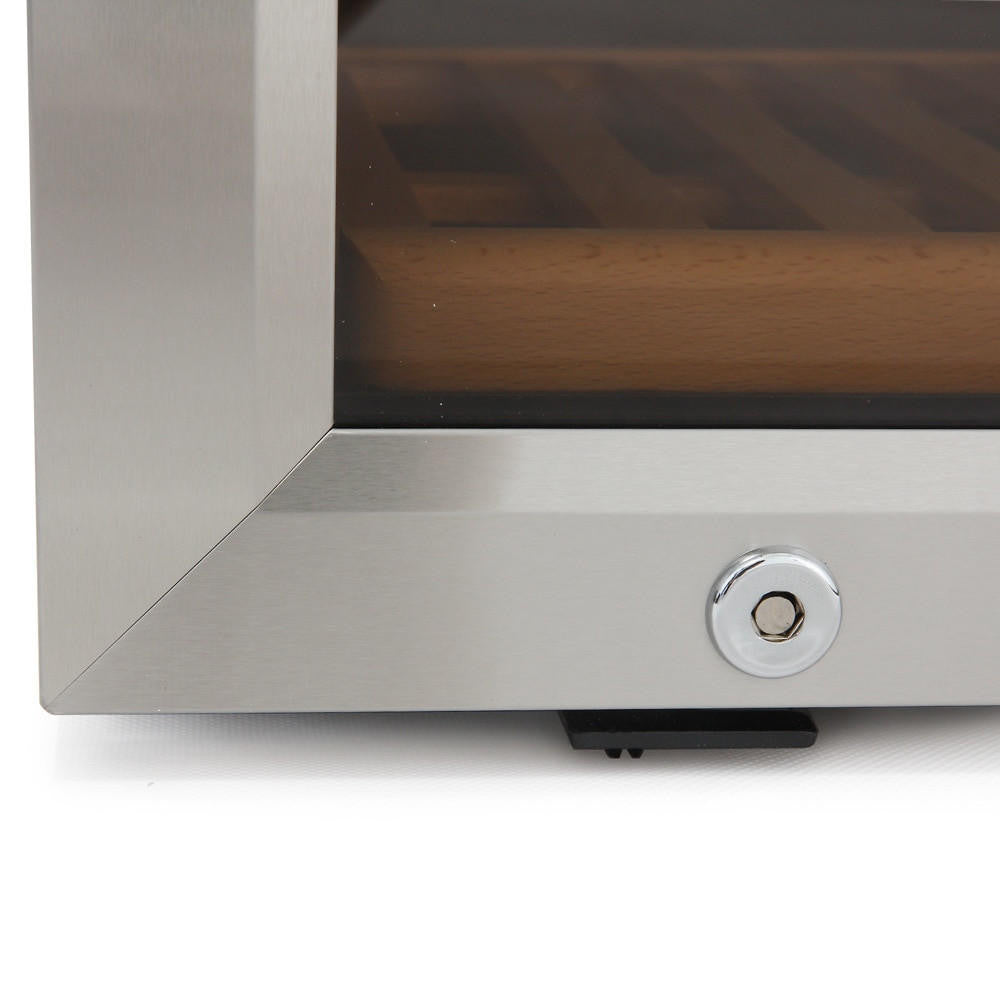 Close-up of the G180D 180 Bottle Dual Zone Wine Fridge, showcasing its stainless-steel mitered corner, tubular lock, leveling foot, and wooden shelving through tinted glass.