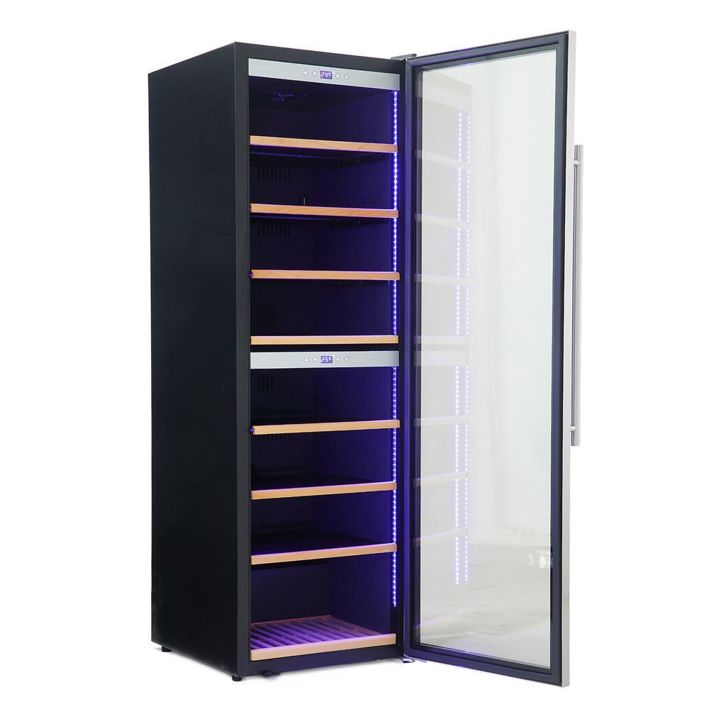 G180D 180 Bottle Dual Zone Wine Fridge in Black, featuring an open glass door, revealing wooden shelves and ambient purple-blue LED lighting, ideal for storing and displaying wine collections.