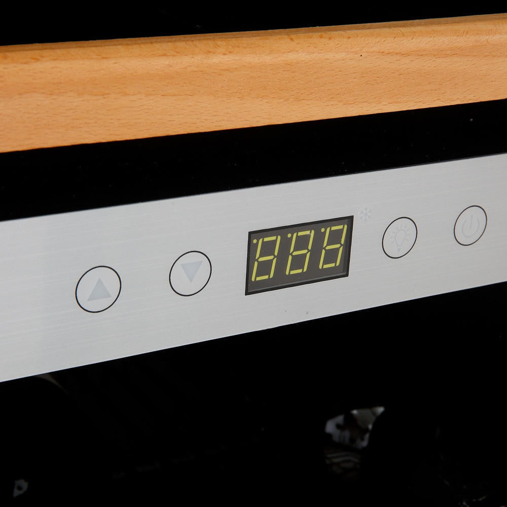 Close-up of the G180D 180 Bottle Dual Zone Wine Fridge's control panel, showcasing brushed-metal fascia with LED display and touch buttons for temperature, lighting, and power, ideal for wine collectors.
