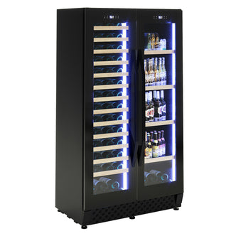 I122D 365L Dual Zone Wine & Drink Bar Fridge in Black featuring dual glass doors, left side wooden wine shelves, right side metal beer shelves, LED lighting, and digital temperature displays.