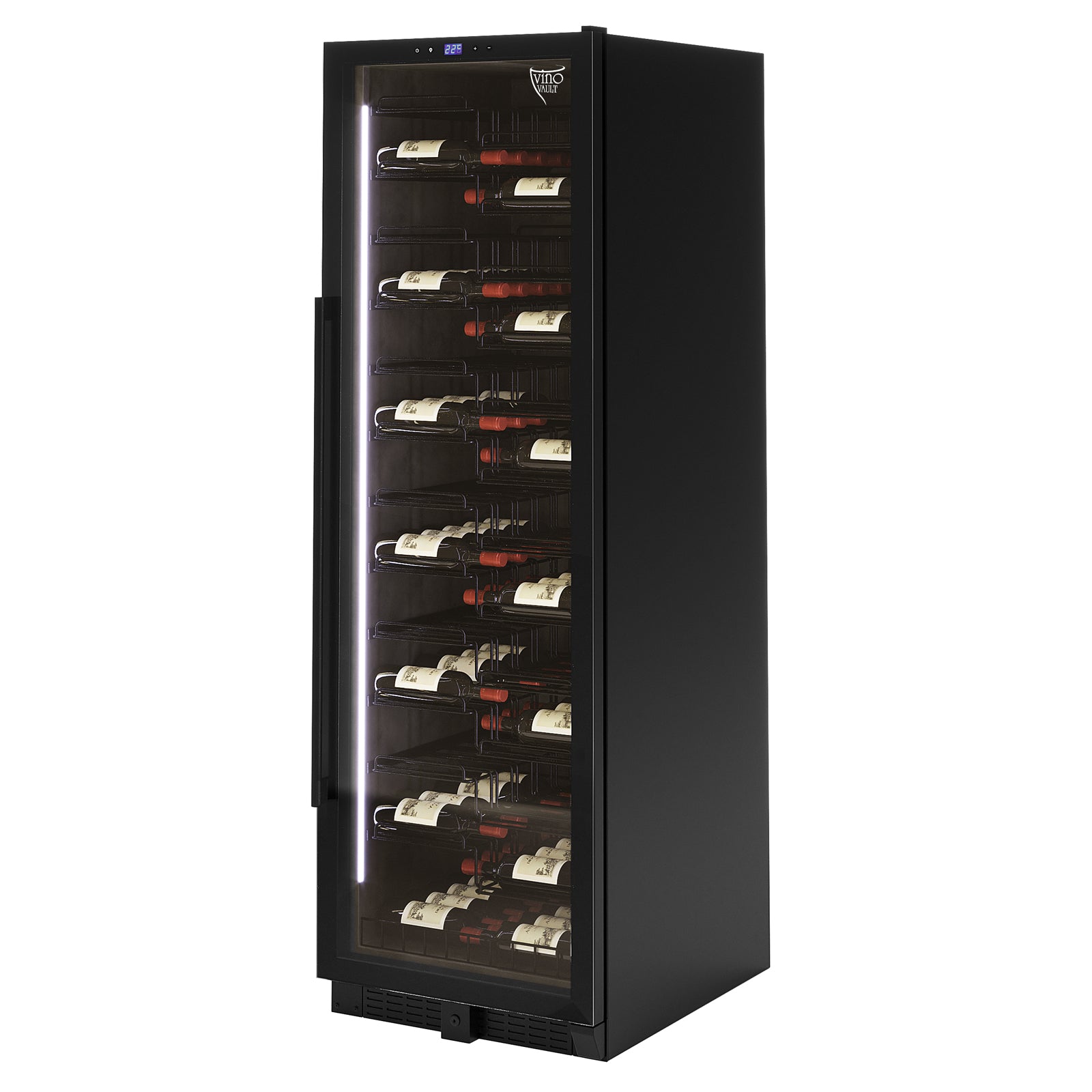 VinoVault 155 Bottle Built-In Single Zone Wine Fridge – Black, showcasing a sleek black design with visible wine bottles inside, featuring a black tempered glass door and chrome finishes for a modern look.