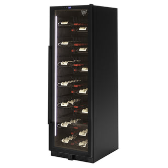 VinoVault 155 Bottle Built-In Single Zone Wine Fridge – Black, showcasing a sleek black design with visible wine bottles inside, featuring a black tempered glass door and chrome finishes for a modern look.