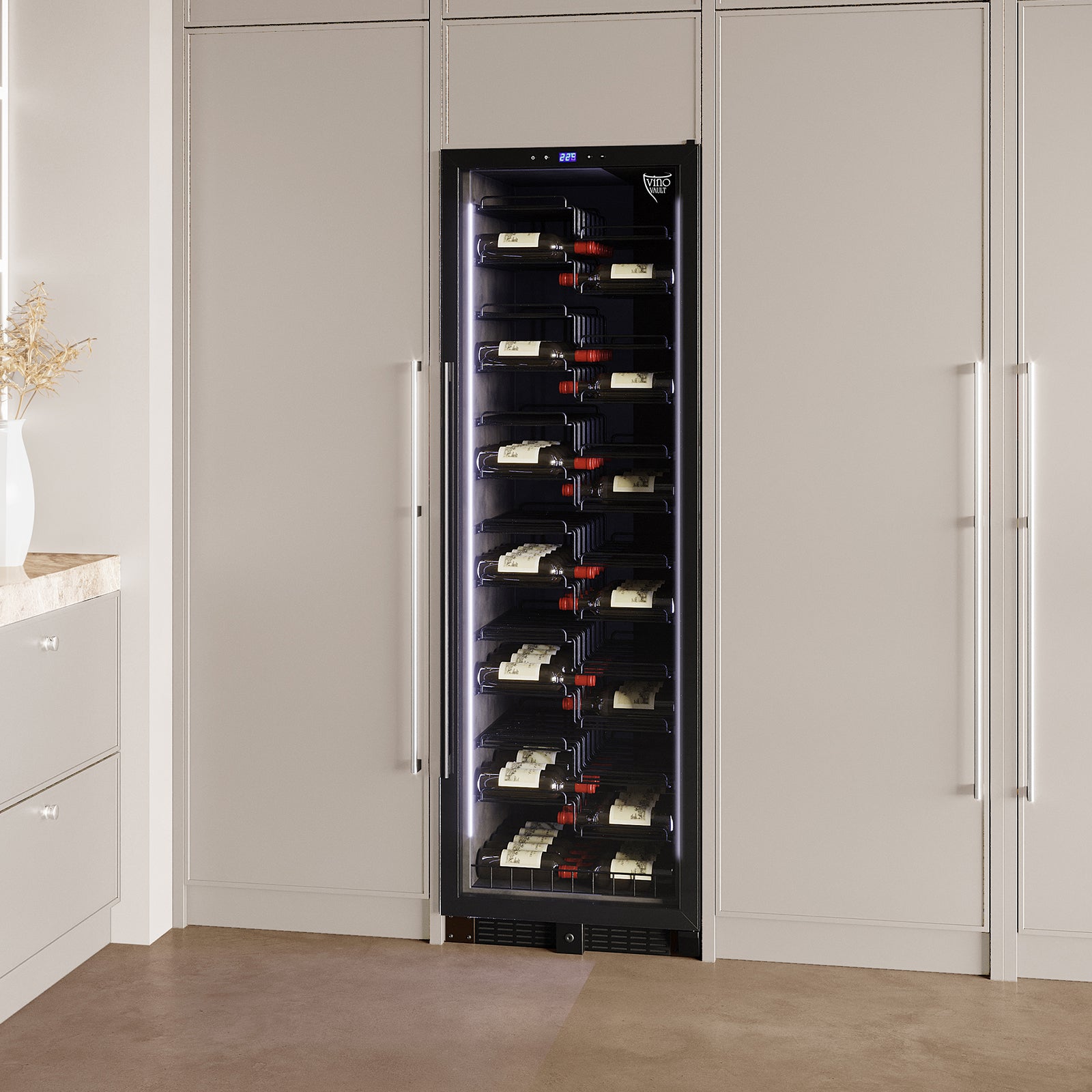 The VinoVault 155 Bottle Built-In Single Zone Wine Fridge features a sleek black tempered glass door, chrome finishes, and customizable lighting for showcasing and protecting up to 155 wine bottles.