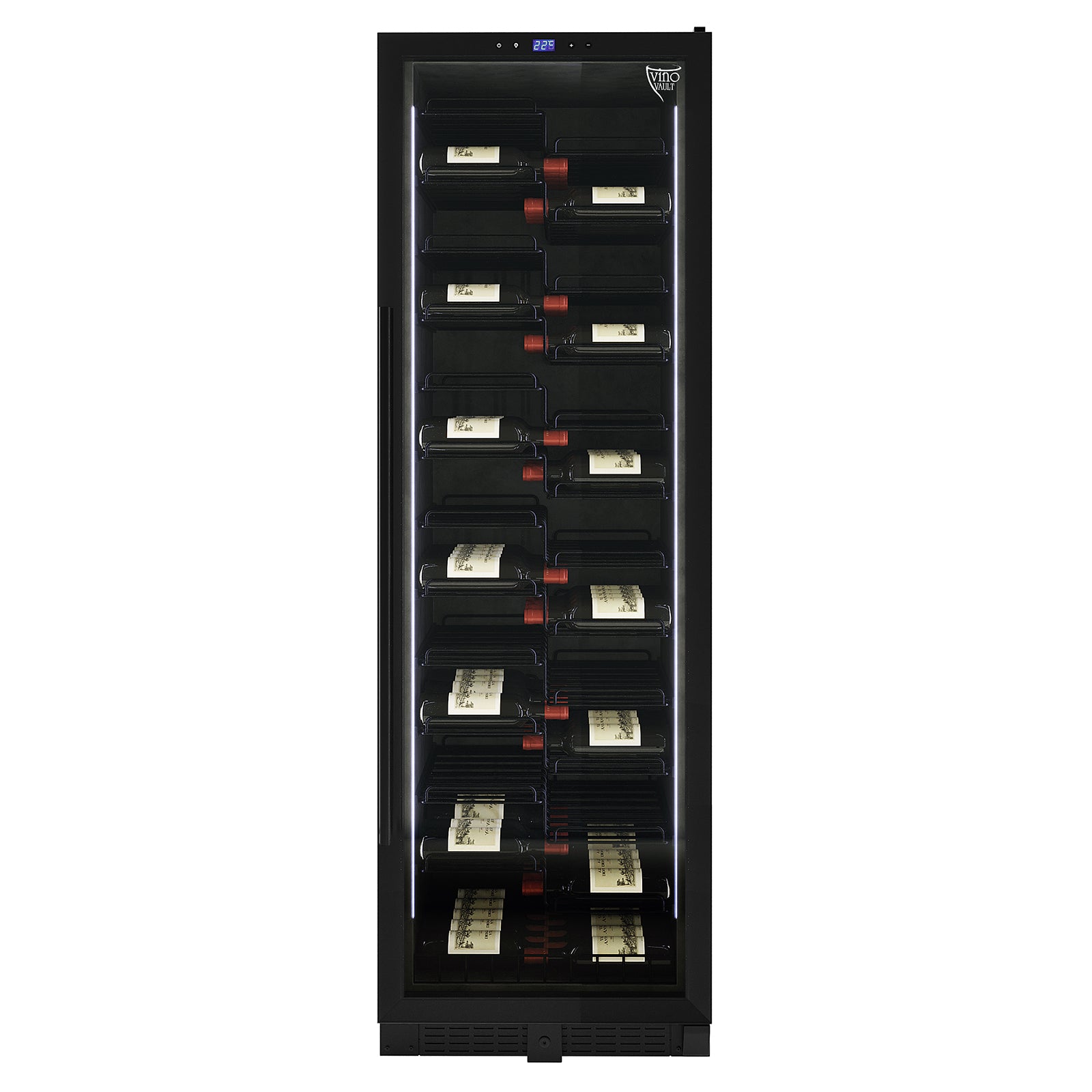 VinoVault 155 Bottle Built-In Single Zone Wine Fridge – Black, featuring a sleek black tempered glass door, chrome finishes, and visible wine bottles on telescopic shelves, designed for modern wine storage.