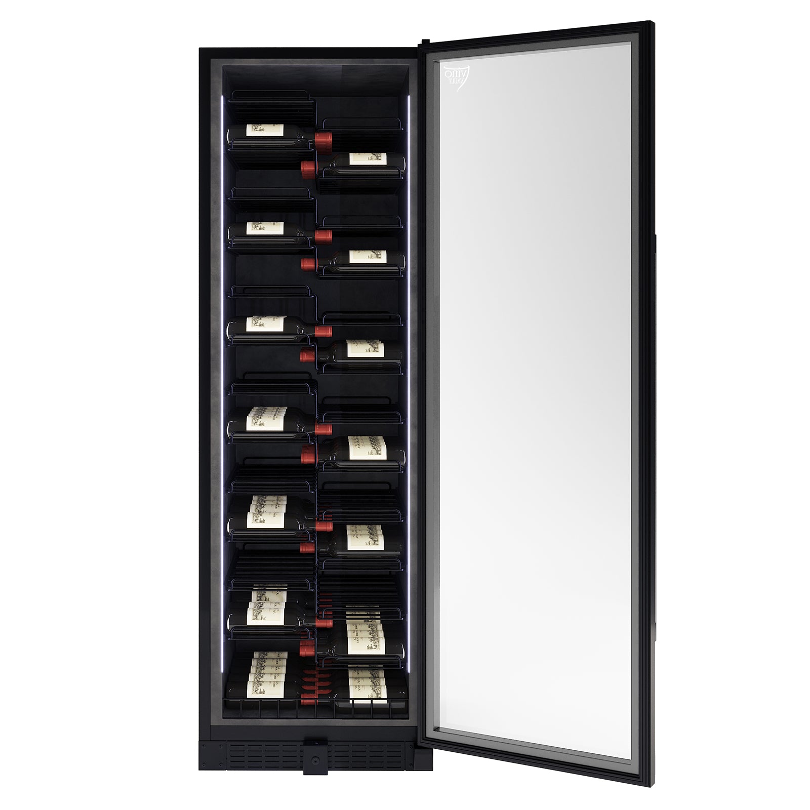 VinoVault 155 Bottle Built-In Single Zone Wine Fridge – Black, featuring a black tempered glass door, chrome finishes, and customizable lighting, ideal for storing and showcasing up to 155 wine bottles.