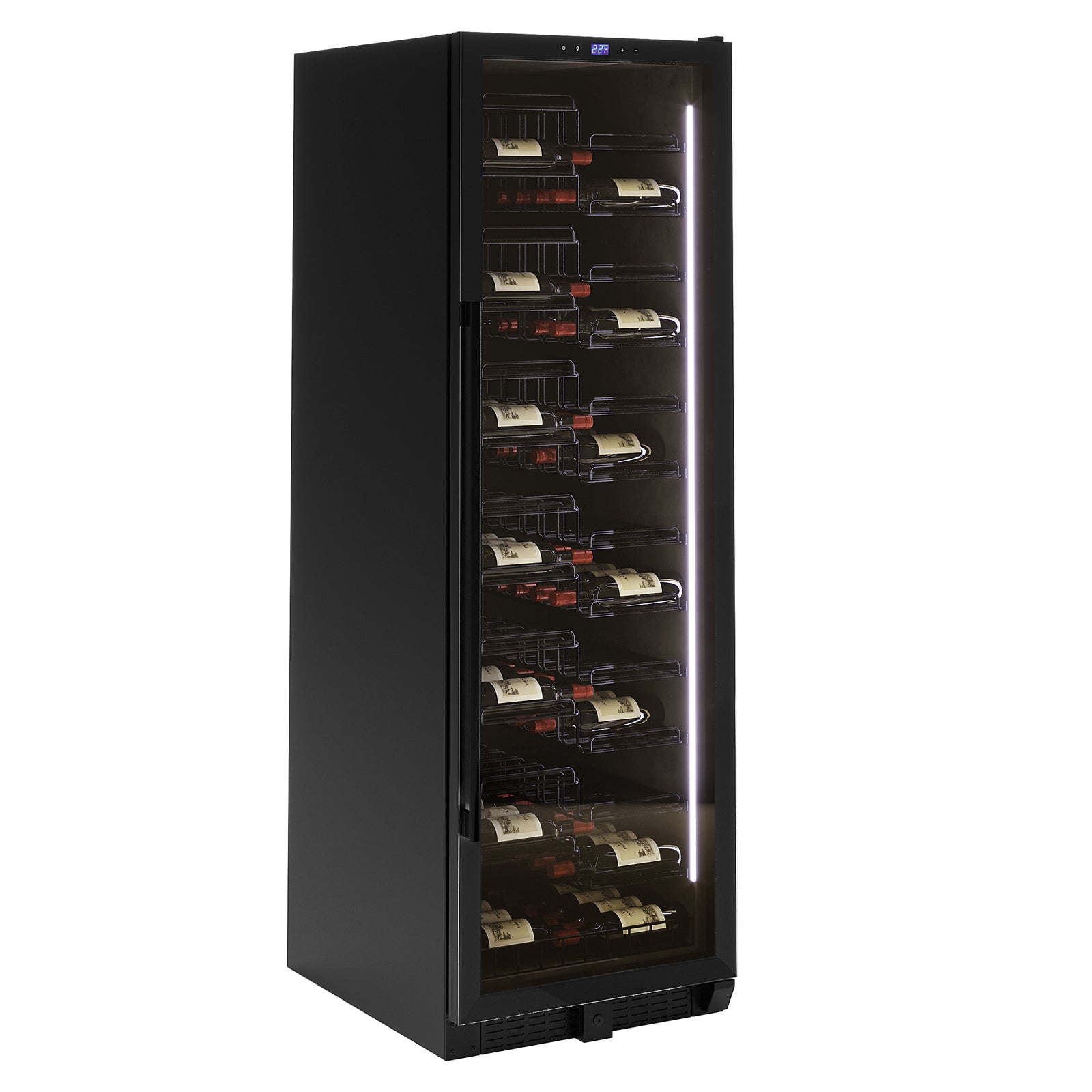 VinoVault 155 Bottle Built-In Single Zone Wine Fridge – Black, featuring black tempered glass and chrome finishes, filled with wine bottles, set against a minimalist backdrop.