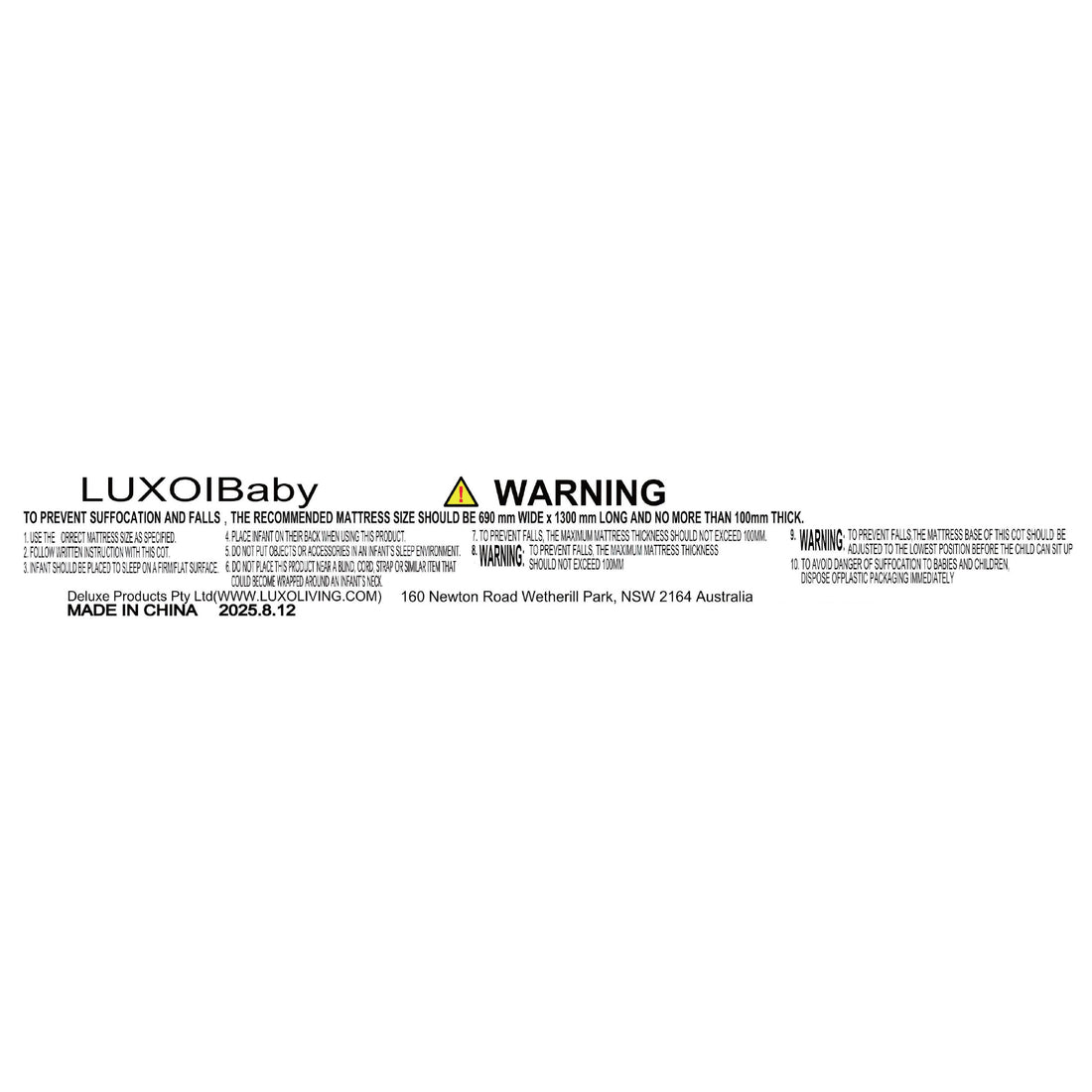 Product compliance and safety warning label for a baby cot, detailed with text rules.