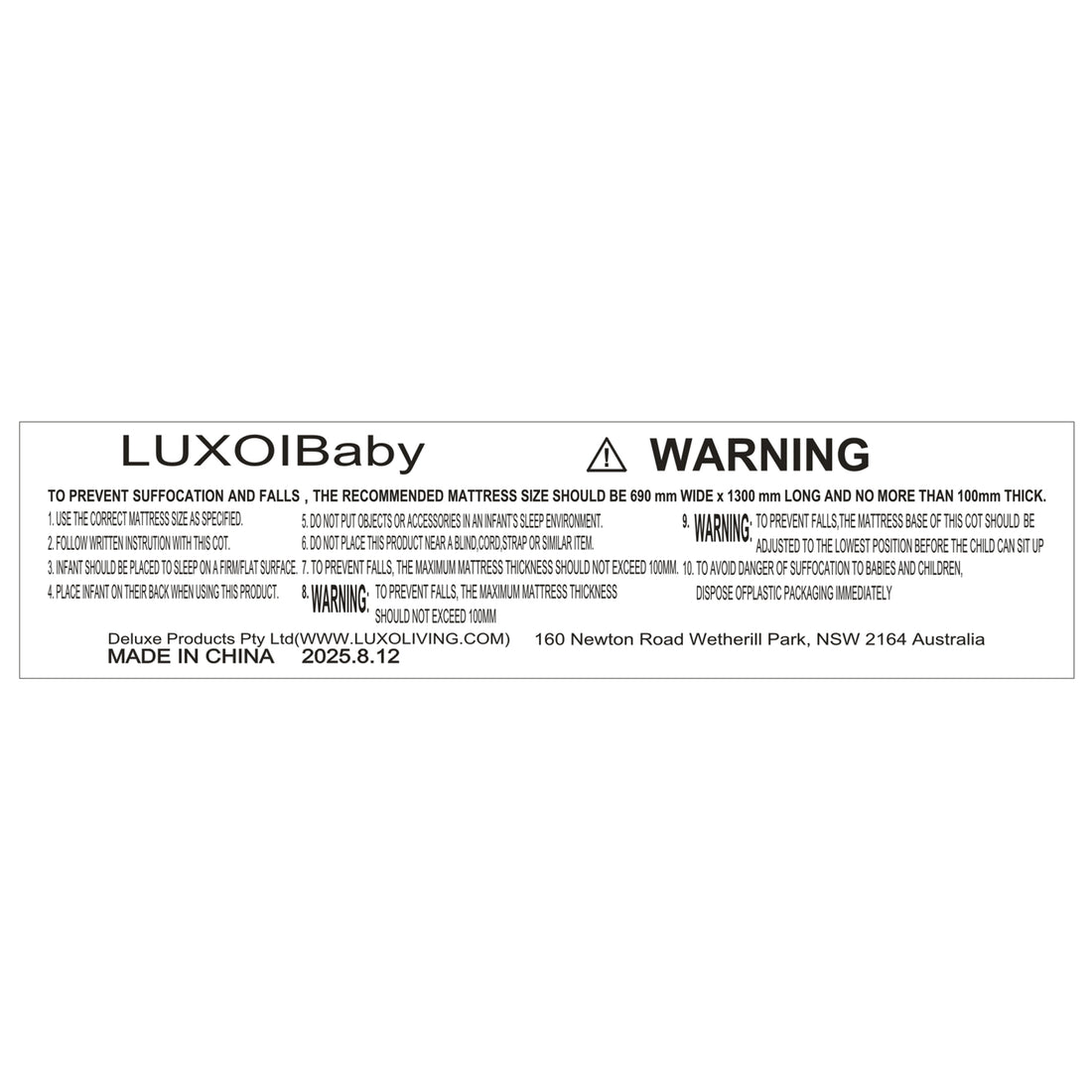 Clear product safety label for an infant baby cot detailing specific mattress requirements.