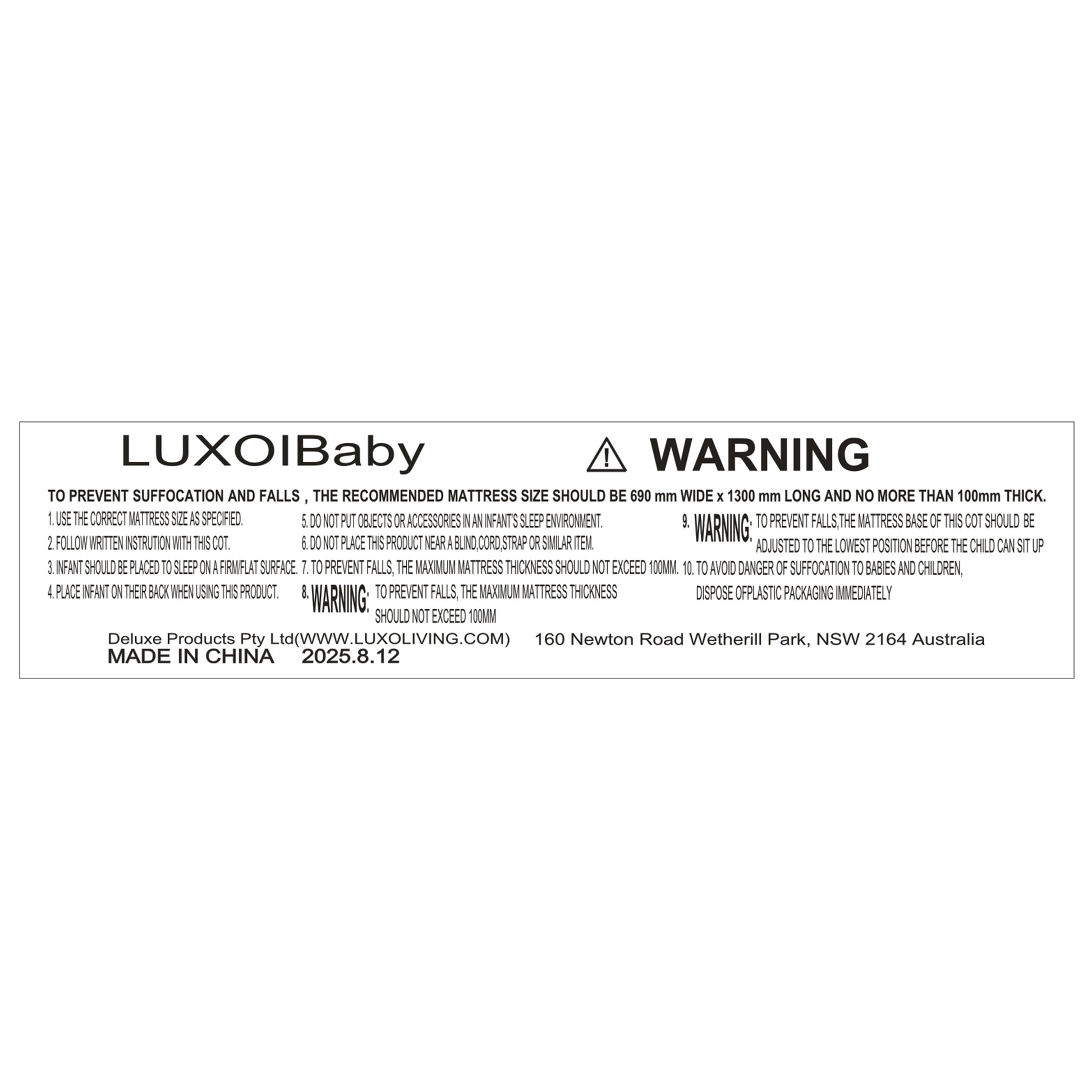 Clear product safety label for an infant baby cot detailing specific mattress requirements.