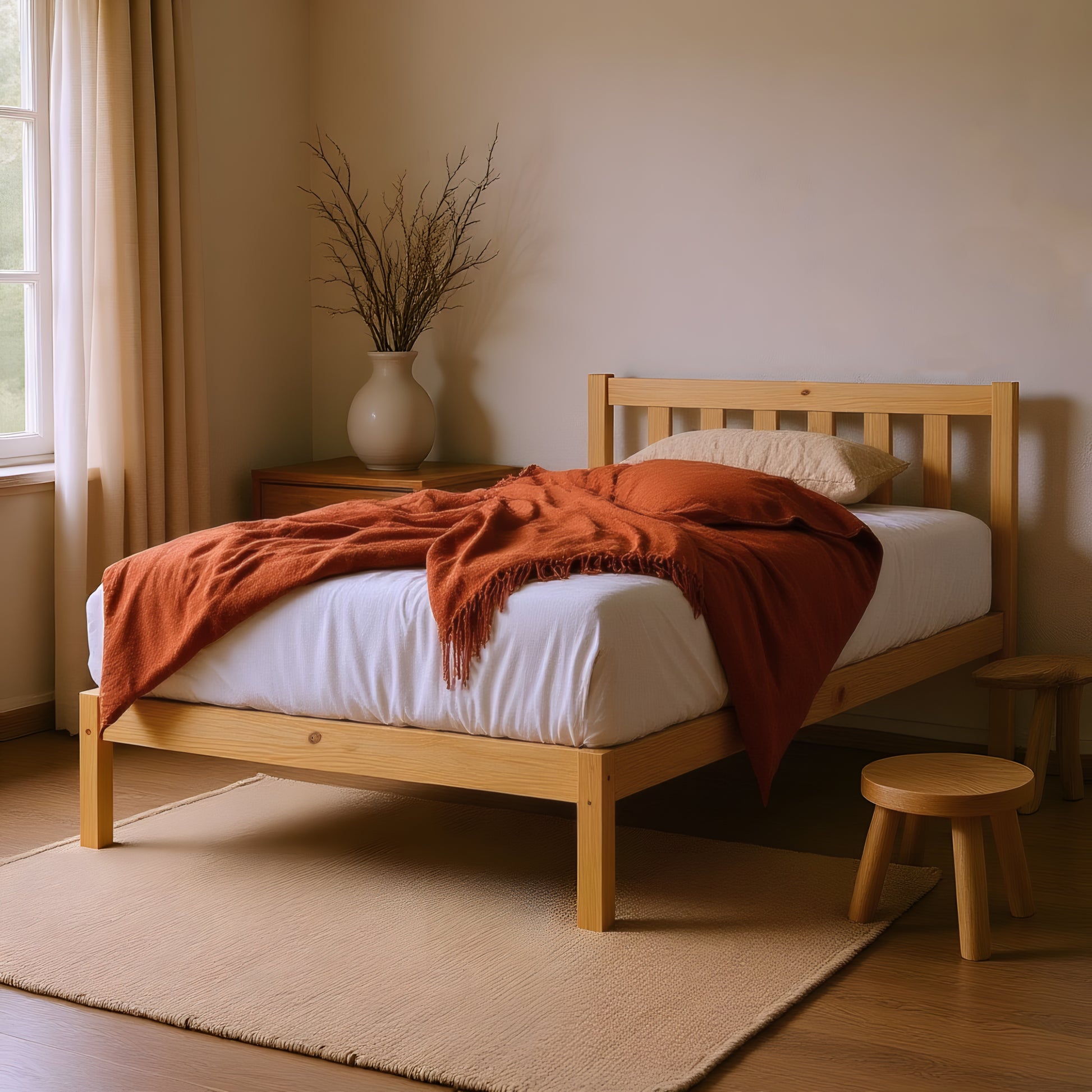 Drusa Single Solid Pine Wooden Bed Frame in Natural, featuring a light-wood construction with a minimalist design, paired with a rust throw blanket and beige pillow, placed on a natural-fiber rug.