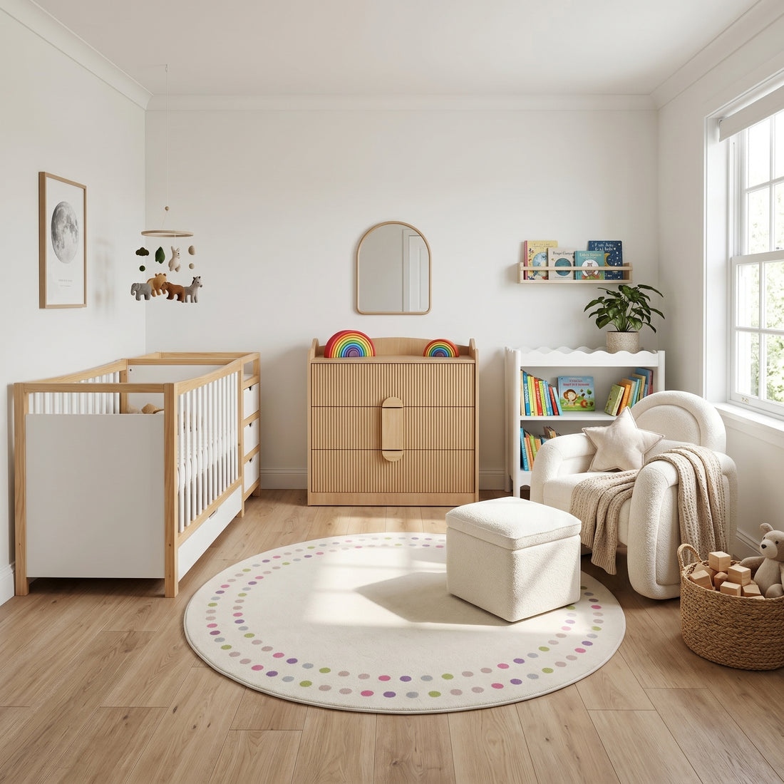 A nursery featuring a white and natural wood crib, a fluted-wood dresser, a cream bouclé chair with ottoman, and a round rug with colorful polka dots.