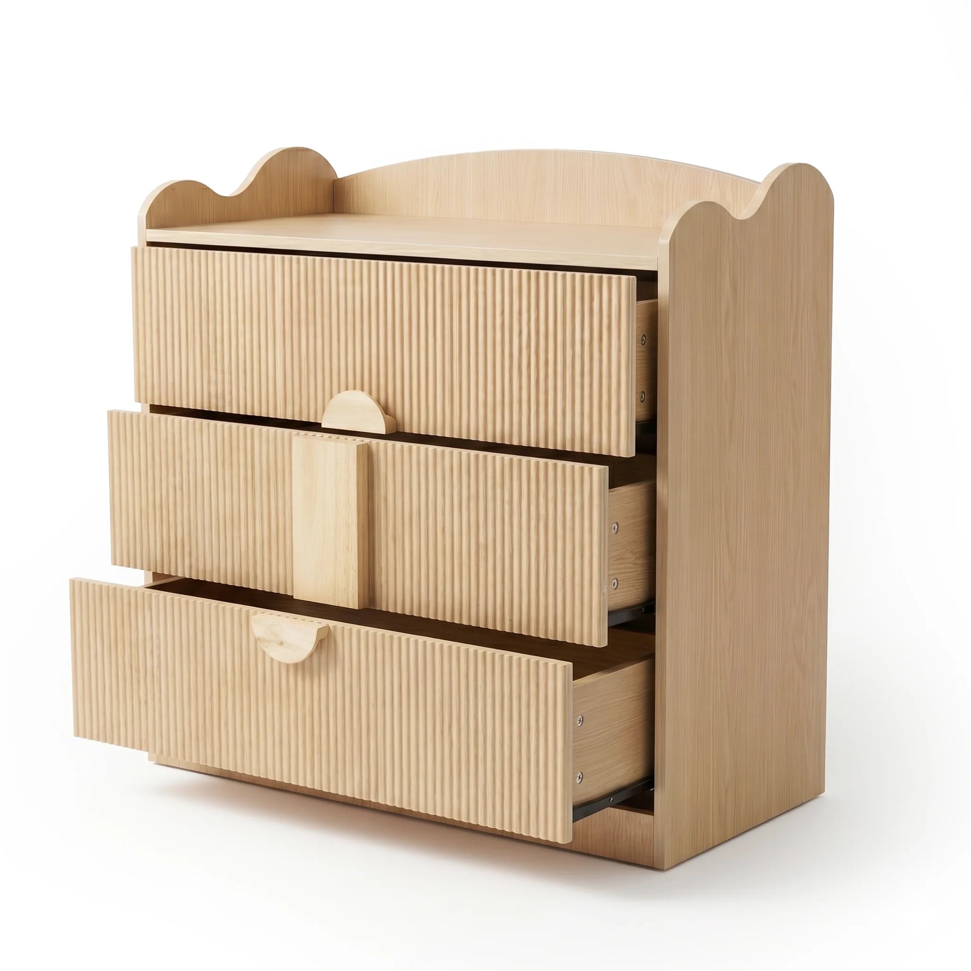 A three-drawer chest of drawer featuring a textured, fluted wood finish, a scalloped top edge, and unique semi-circular handles.