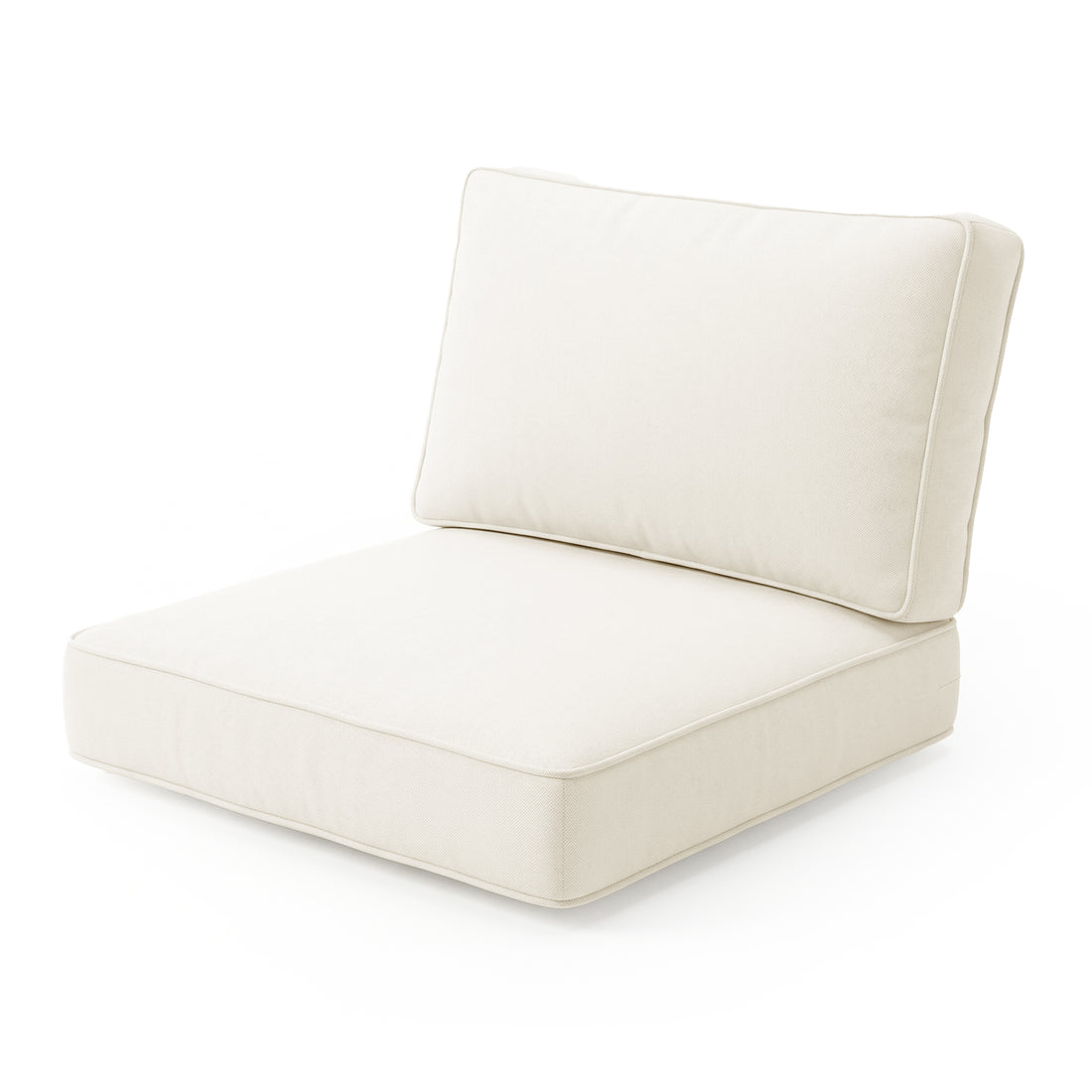 Vernon Outdoor Cushion Covers Set of 5 in Cream White, showcasing thick, upholstered cushions with matching backrest in off-white fabric, highlighting their snug fit and comfortable, weather-resistant design.