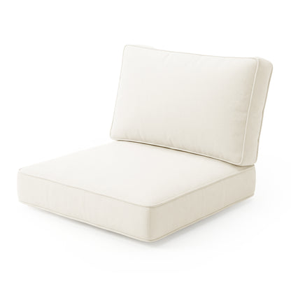 Vernon Outdoor Cushion Covers Set of 5 in Cream White, showcasing thick, upholstered cushions with matching backrest in off-white fabric, highlighting their snug fit and comfortable, weather-resistant design.