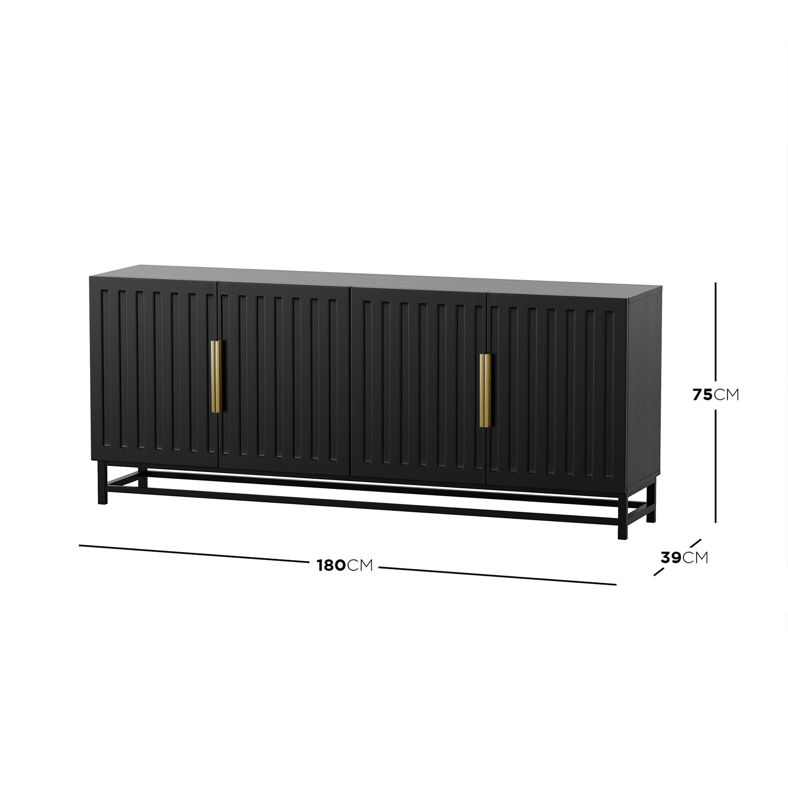 Black sideboard with dimensions (180 cm × 75 cm × 39 cm) on white background