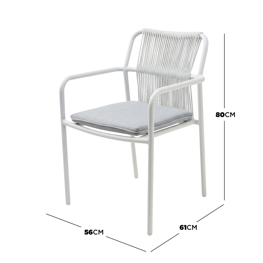 Evone 4 Seater Stone Outdoor Dining Table Set in Light Grey, featuring a sleek stone tabletop and sturdy aluminium frame, accompanied by four chairs with white cord backrests and light-grey cushions.