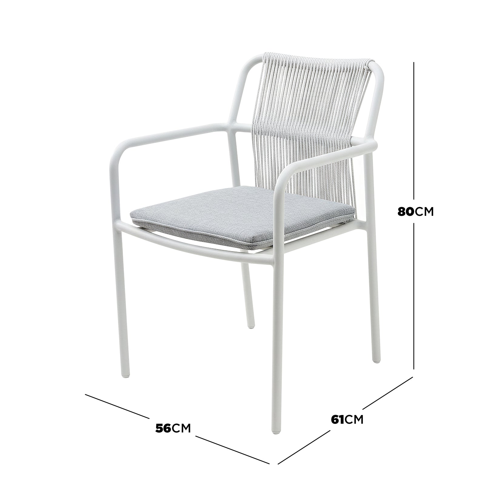 Evone 4 Seater Stone Outdoor Dining Table Set in Light Grey, featuring a sleek stone tabletop and sturdy aluminium frame, accompanied by four chairs with white cord backrests and light-grey cushions.