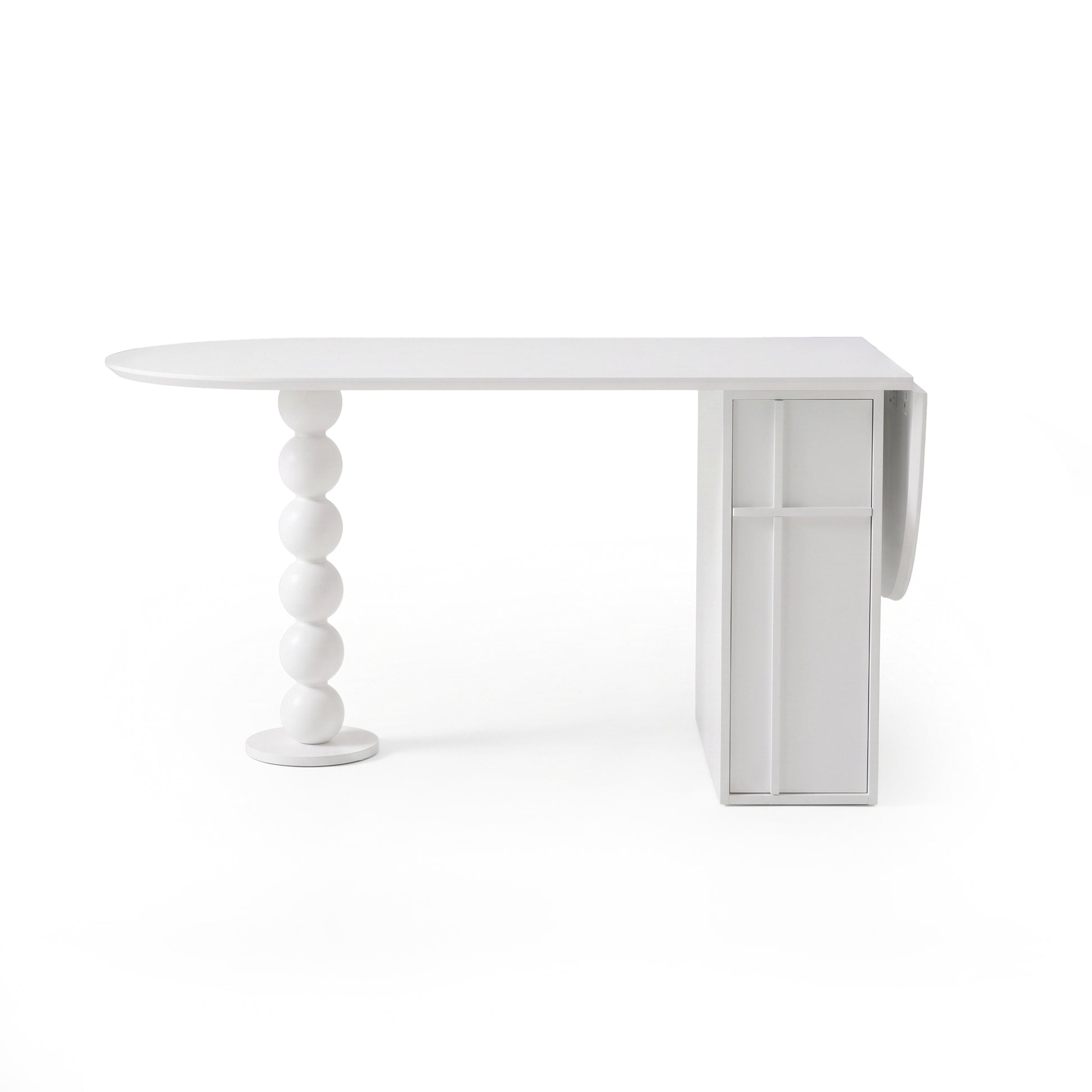 Sculptural white designer table with spherical base and block support on a white background