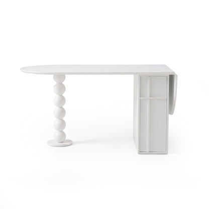 Sculptural white designer table with spherical base and block support on a white background