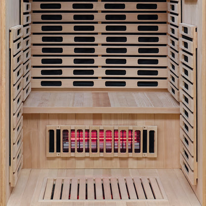 Interior section of a wooden sauna with benches and heating elements.