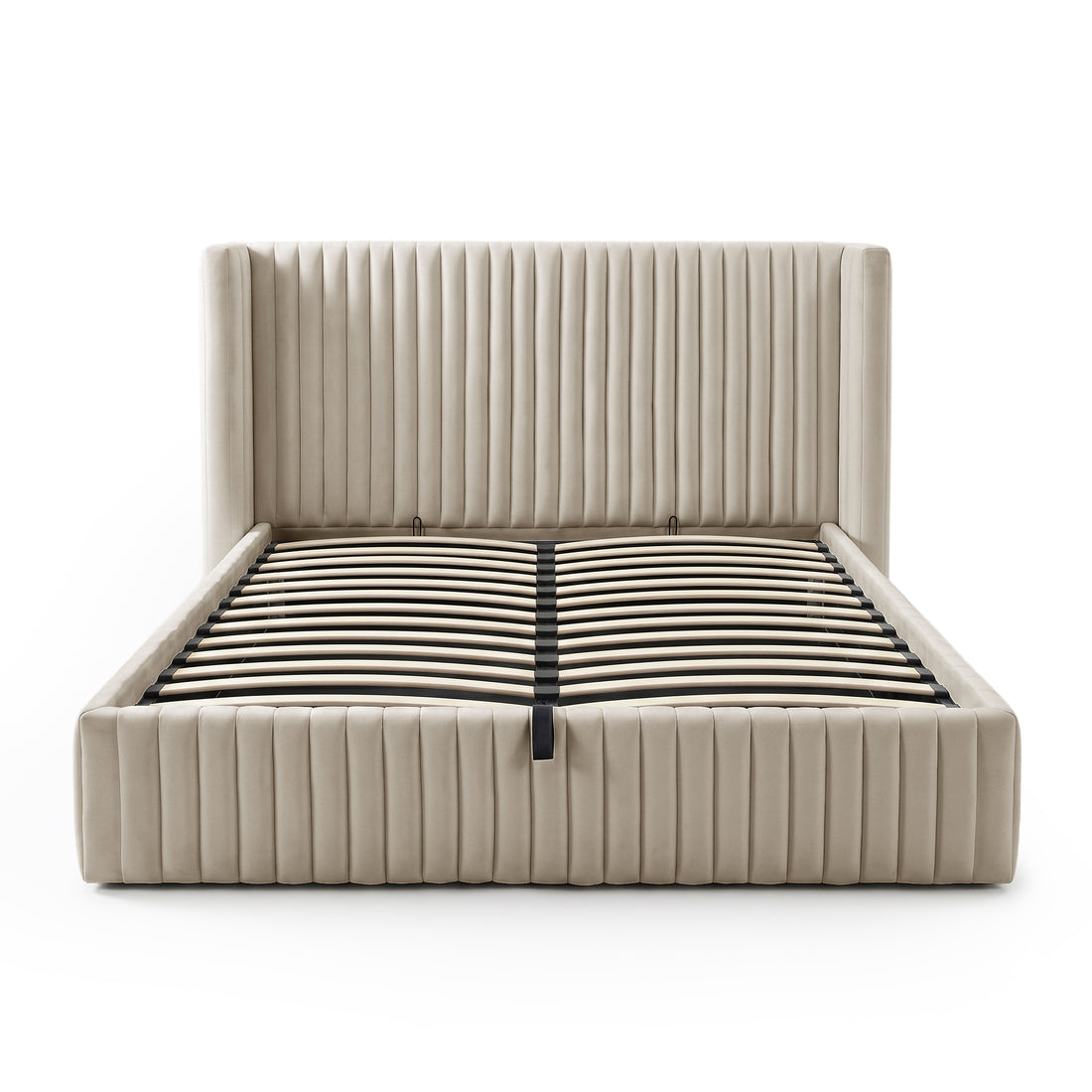Beige upholstered bed frame with visible wooden slats on a white background