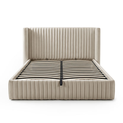 Beige upholstered bed frame with visible wooden slats on a white background