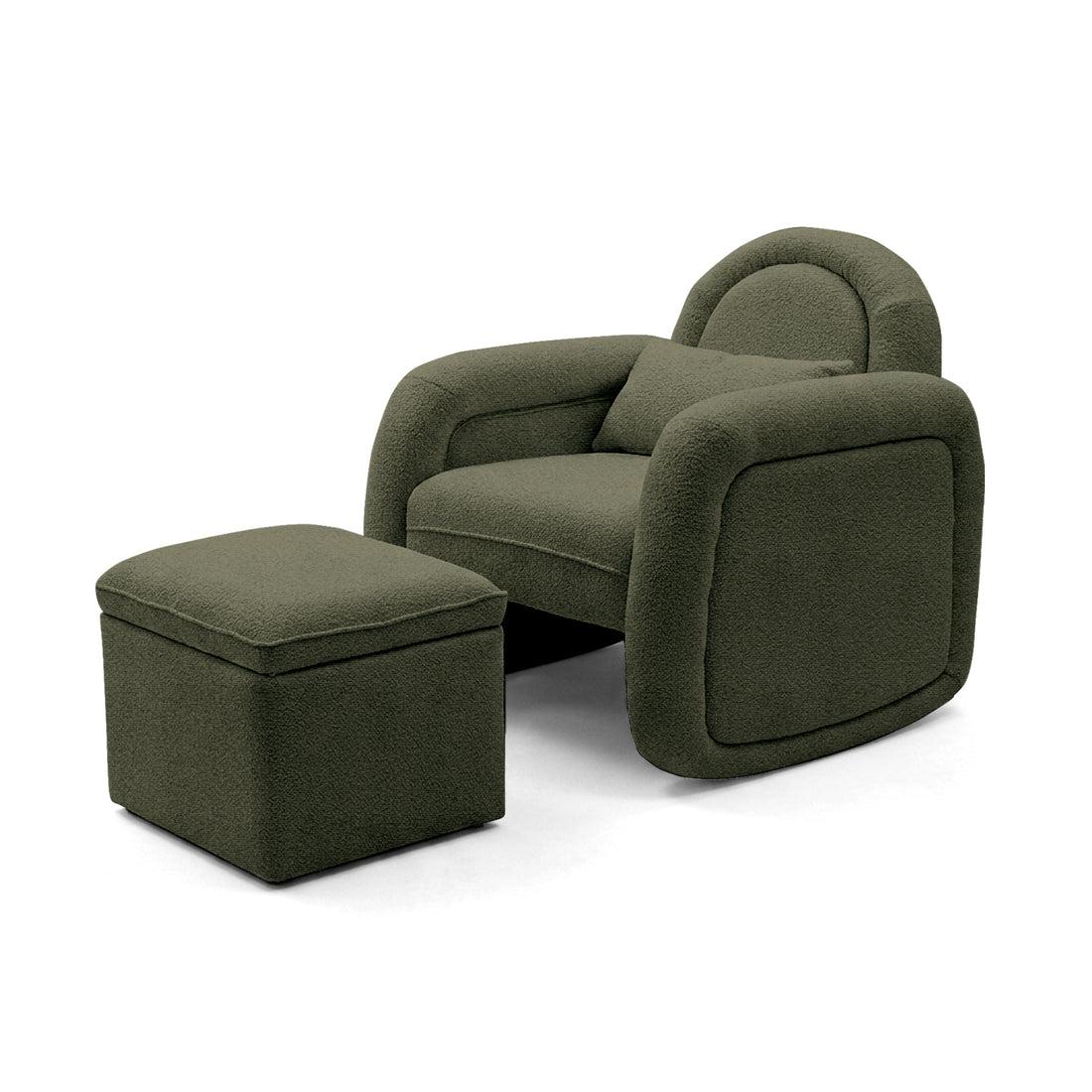 Olive green lounge chair and ottoman on white background