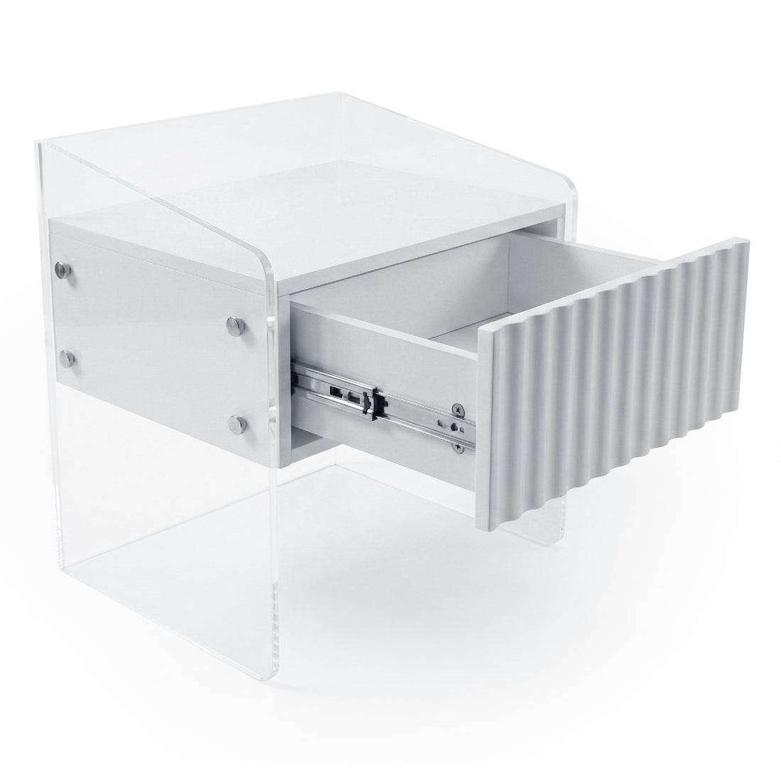 Transparent nightstand with partially open textured drawer on white background