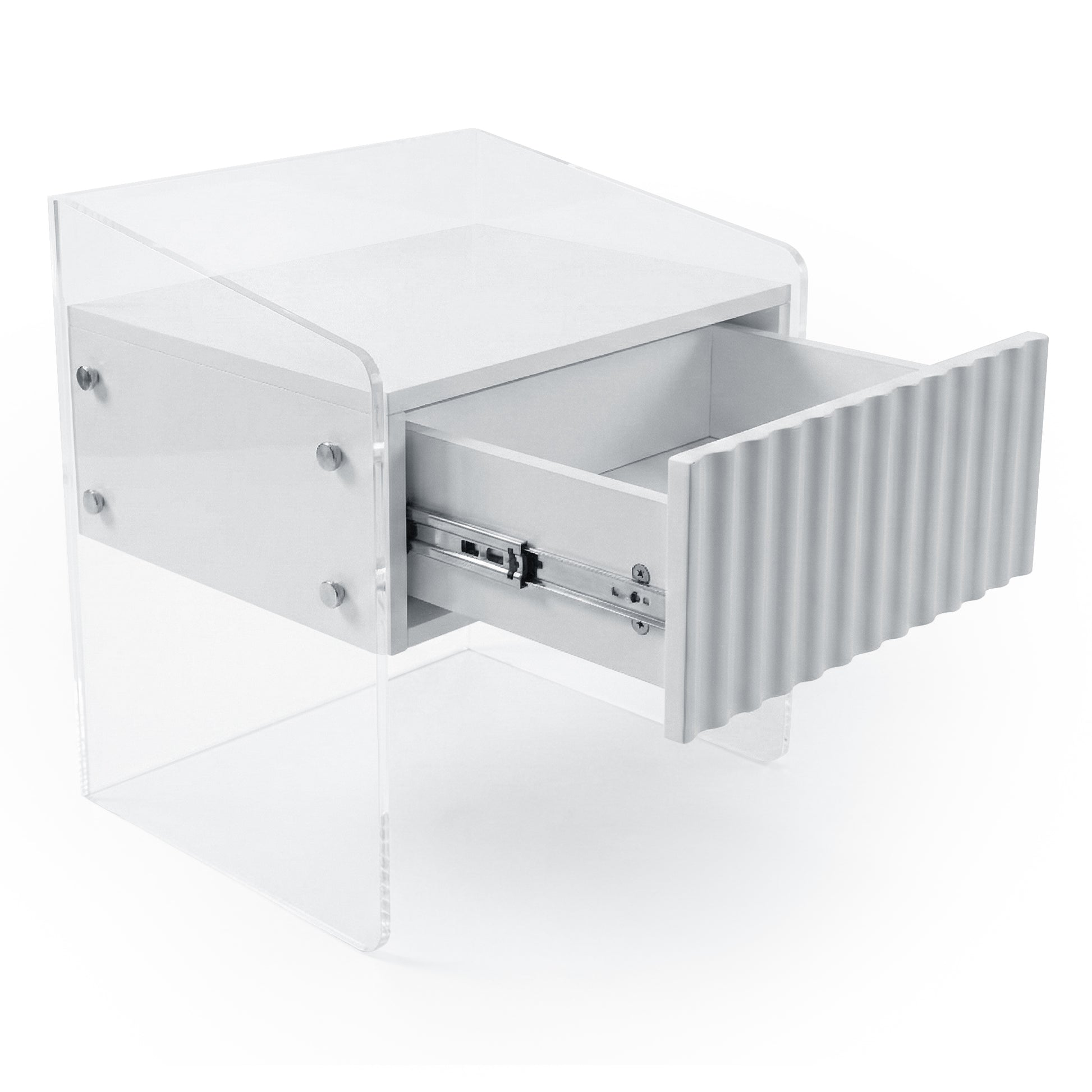 Transparent nightstand with partially open textured drawer on white background