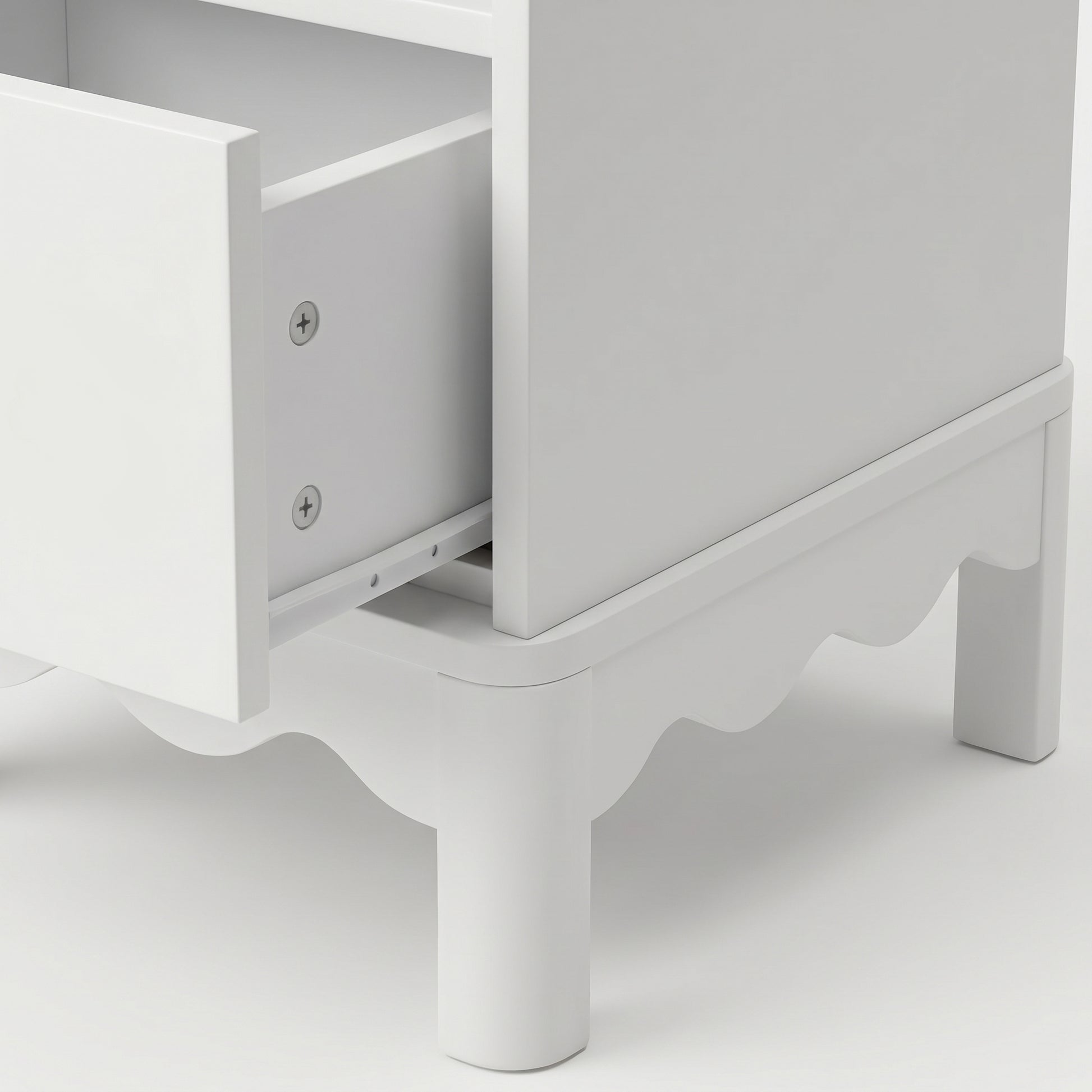 Close-up of nightstand side and open drawer on white background