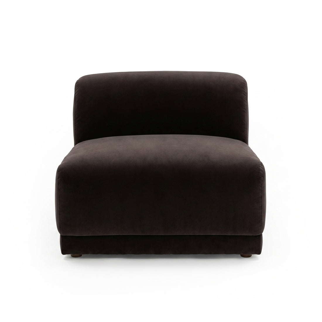 Dark velvet armless accent chair on white background
