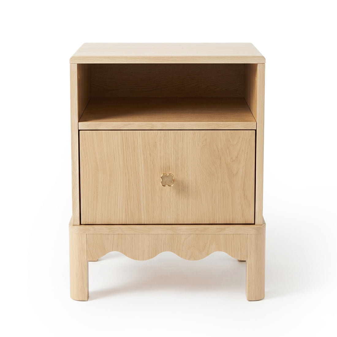 Light wood nightstand on white background, full view