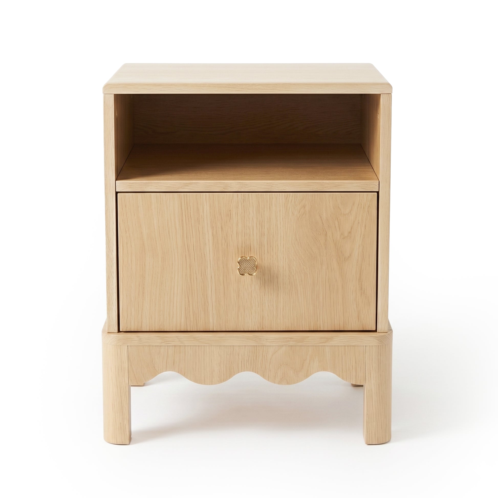 Light wood nightstand on white background, full view