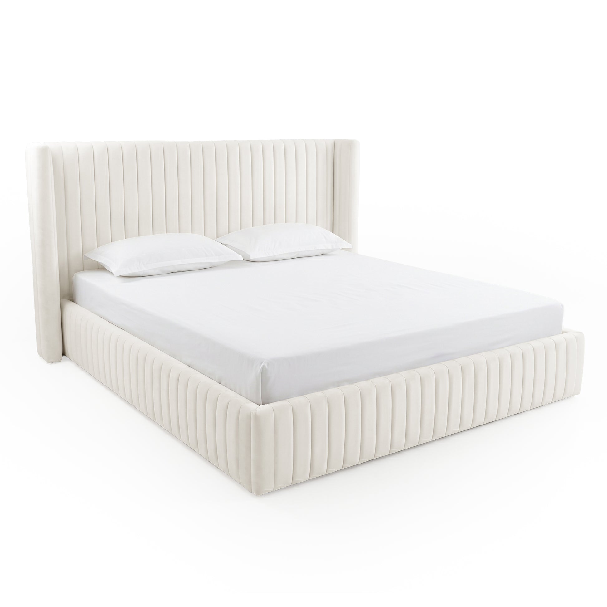 Modern upholstered bed with vertical panel design on white background