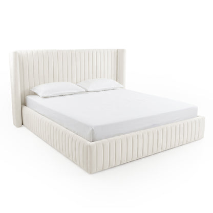 Modern upholstered bed with vertical panel design on white background
