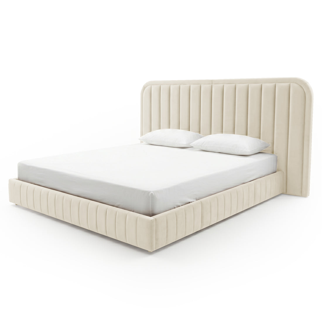 Modern upholstered cream bed with vertical channel headboard on white background